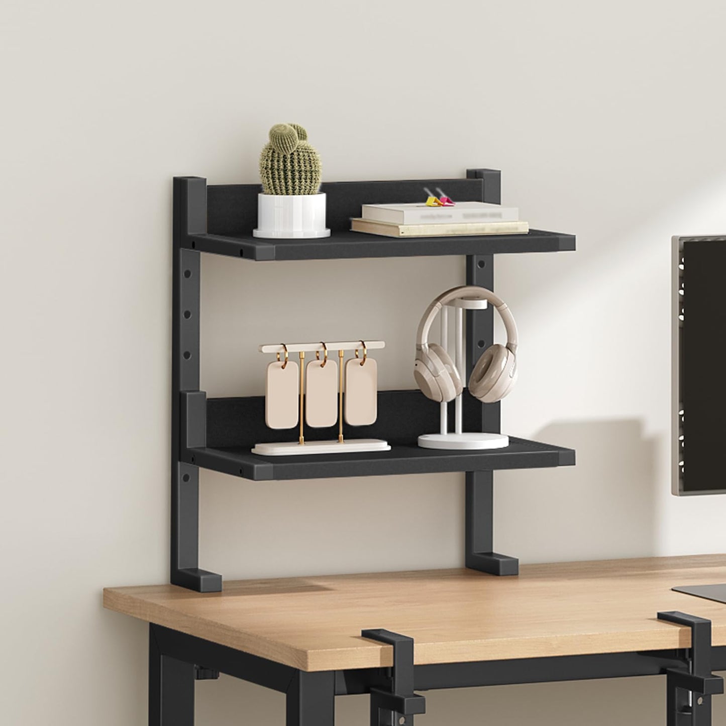 HOOBRO Clamp On Desk Shelf, 2-Tier Desktop Organizer, Space-Saving Desk Shelf with Adjustable Shelves, for Office, Study, Entertainment Accessories, Black BK32SJ01