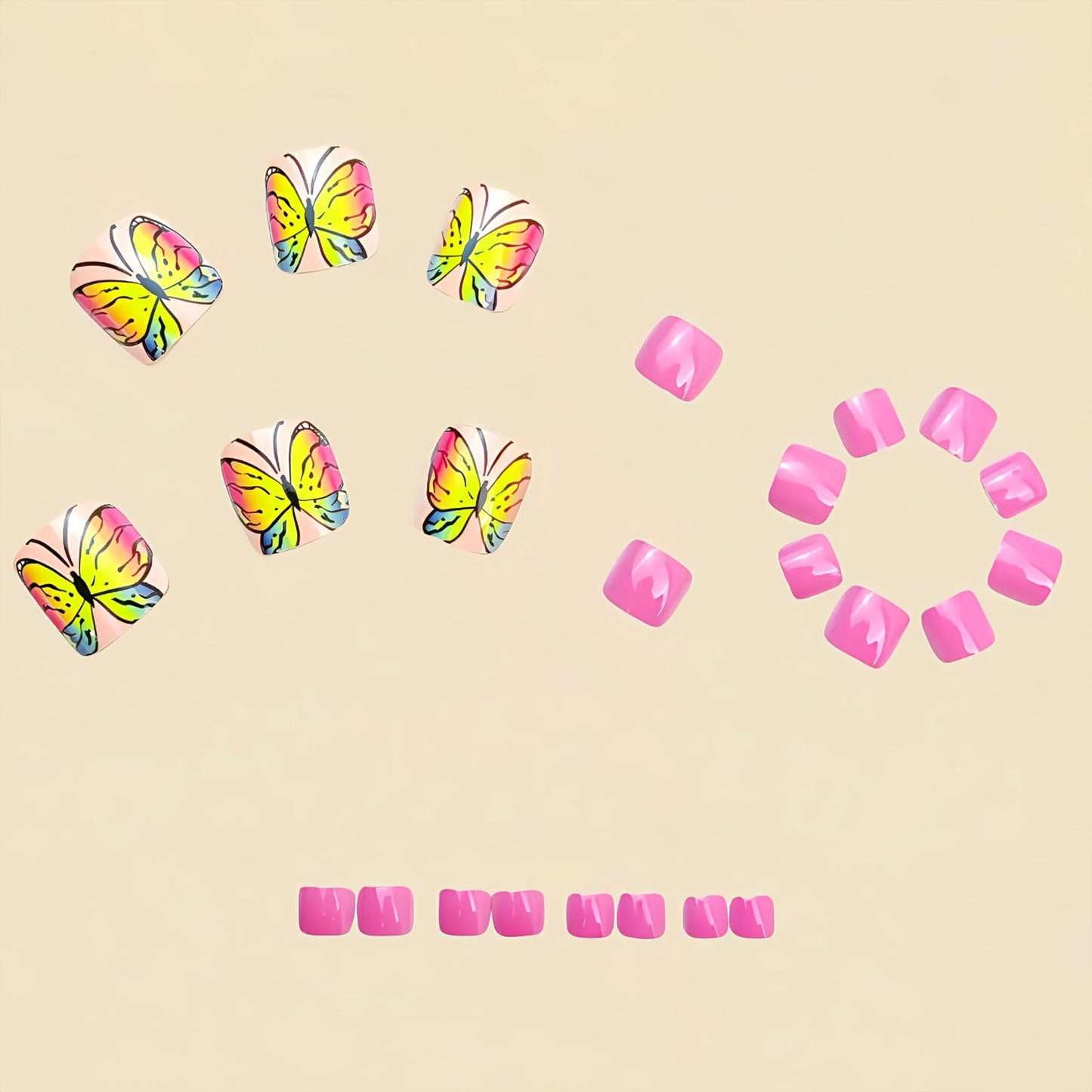 Spring Press on Toenails Pink Fake Toe nails with Yellow Butterfly Design Glossy Short Square Toe nails Press ons Acrylic Stick on Toenails for Women 24Pcs