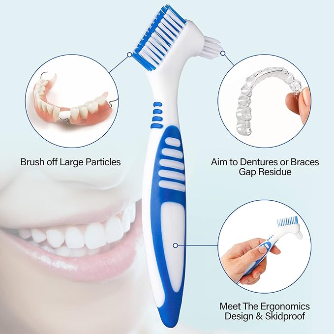 Denture Brush, 4 Pieces Small Toothbrush for Dentures, Multi-Layered Bristles Ergonomic Rubber Handle for False Teeth Cleaning