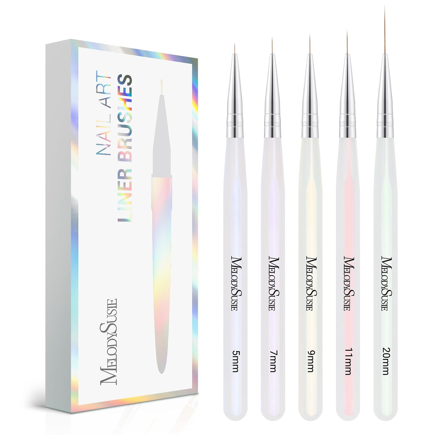 MelodySusie 5Pcs Nail Art Liner Brushes with 3D Nail Charms and Gems