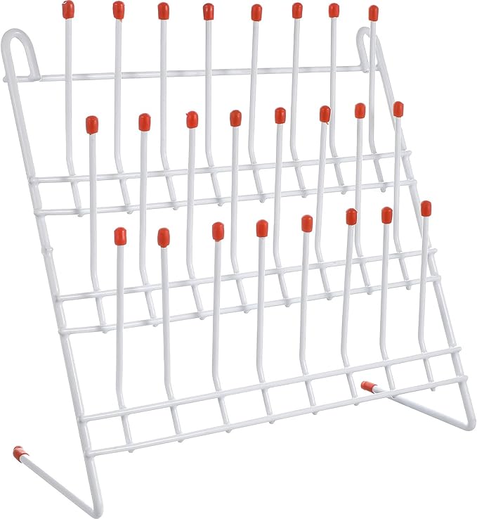 TEHAUX Lab Drying Rack, Space-Saving Lab Beaker and Tube Drying Holder with Non-Slip Red Top, Sturdy Iron Frame, 24 Pegs Vertical Drying Rack for Laboratory Glassware and Bottles (White)