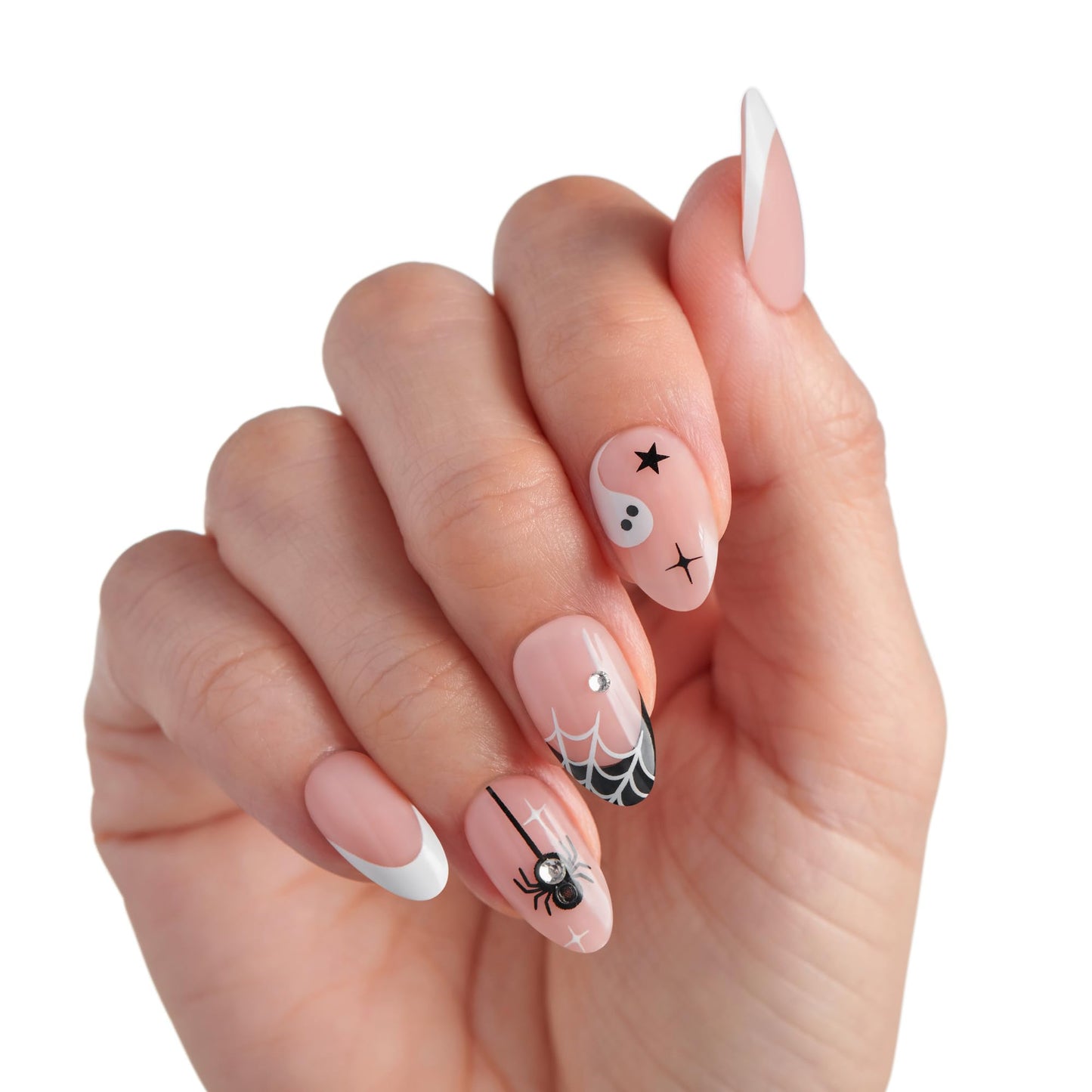 KISS imPRESS Halloween Press On Nails Almond, ‘Drop-dead Gorg’, White, Medium, Glossy Finish, No Glue, Glow-In-The-Dark, Includes Prep Pad, Mini Nail File, Manicure Stick & 30 Fake Nails