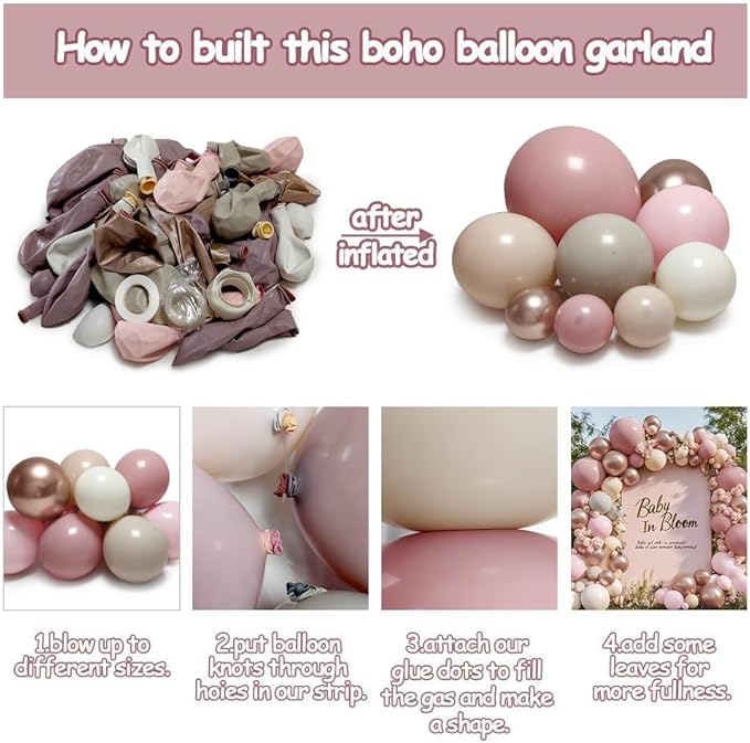 Dusty Pink Rose Balloon Garland Kit, Double Stuffed – Mauve, Light Pink, Blush, Nude, Beige & Champagne Gold Latex Balloons for Boho Birthday, Baby Shower & Bridal