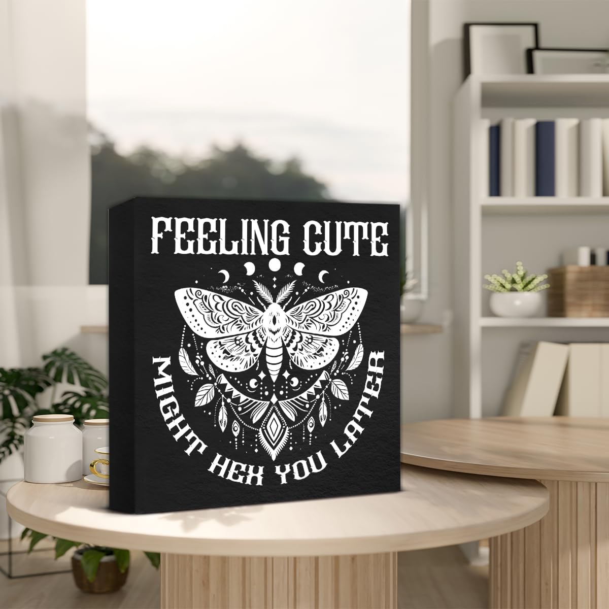 Funny Witch Decor - Witchy Home Decor - Feeling Cute Might Hex You Later Wood Sign Home Bathroom Kitchen Desk Shelf Table Decorations 5×5 Inches