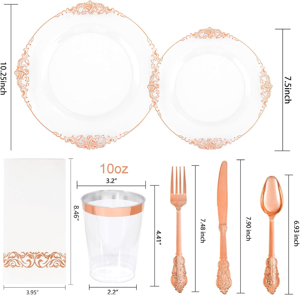 Morejoy 175PCS Rose Gold & Silver Plastic Dinnerware Set: 25 Plates, 25 Forks, 25 Knives, 25 Spoons, 25 Cups, 25 Napkins - Perfect for Wedding & Party