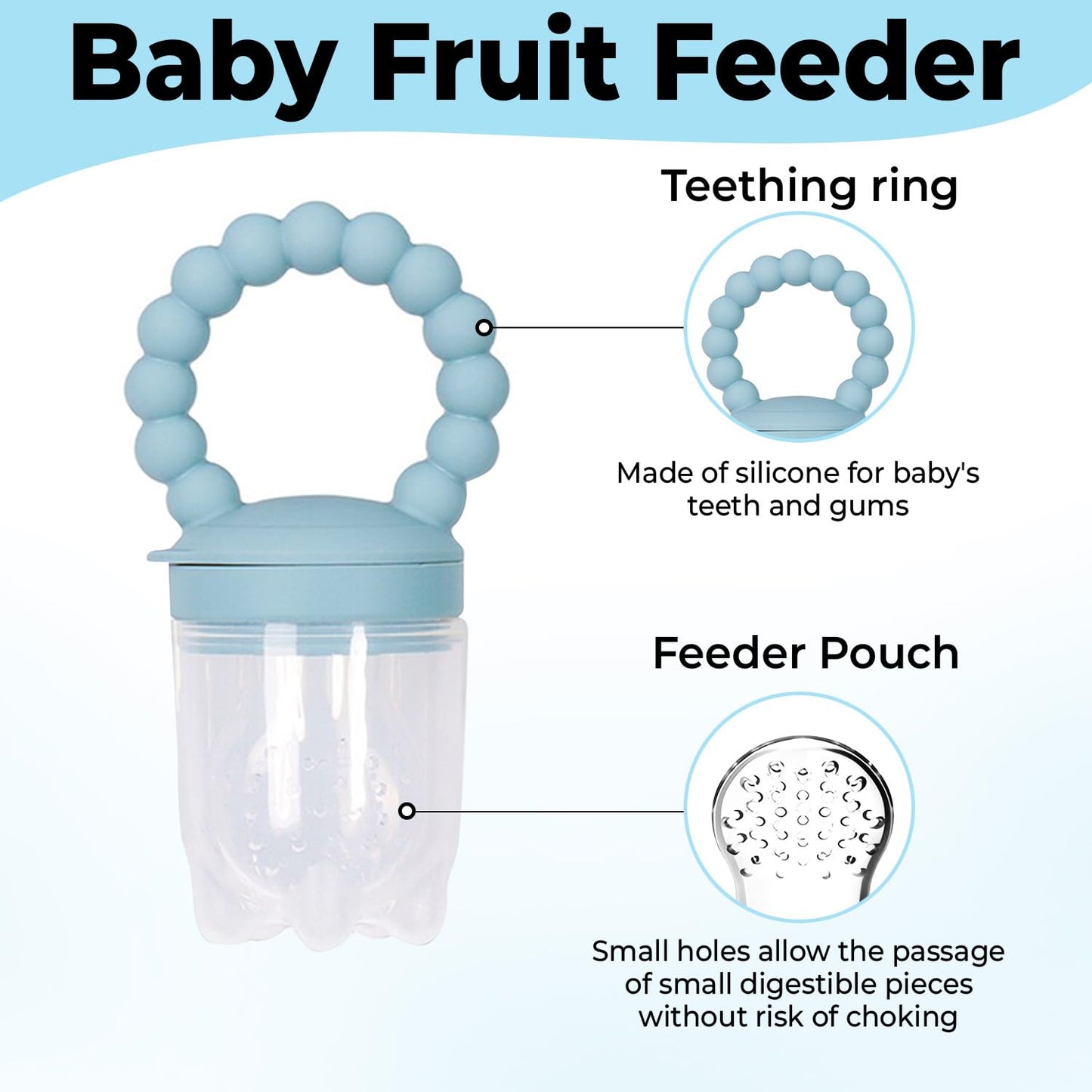 Infant Food Feeder & Silicone Freezer Tray Combo | 2 Size Silicone Baby Fruit Feeders | Weaning Feeder | Teething Relief (Sky)