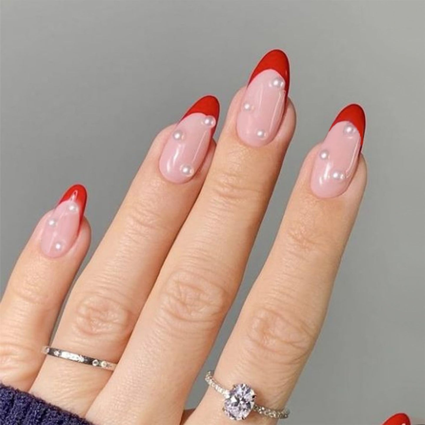 FJSMTOPl Rde French Tip Press on Nails Almond Fake Nails with Design Pearl False Nails Press ons Medium Acrylic Glue on Nails Cute Artificial Stick on Nail for Women Manicure 24Pcs