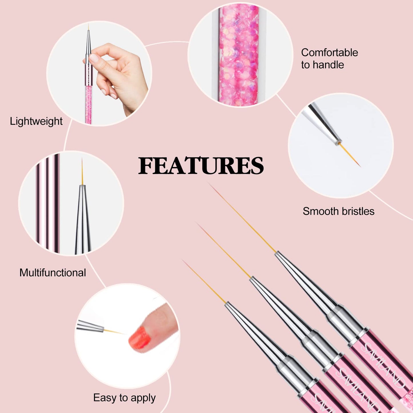 SAVILAND 6pcs Nail Art Liner Brushes Set: Nail Brush Gel Polish Painting Nail Art Design Brushes Pen with Crushed Diamond Rhinestone Handle for Pulling Lines,Sizes 7/9/11/13/17/23 mm