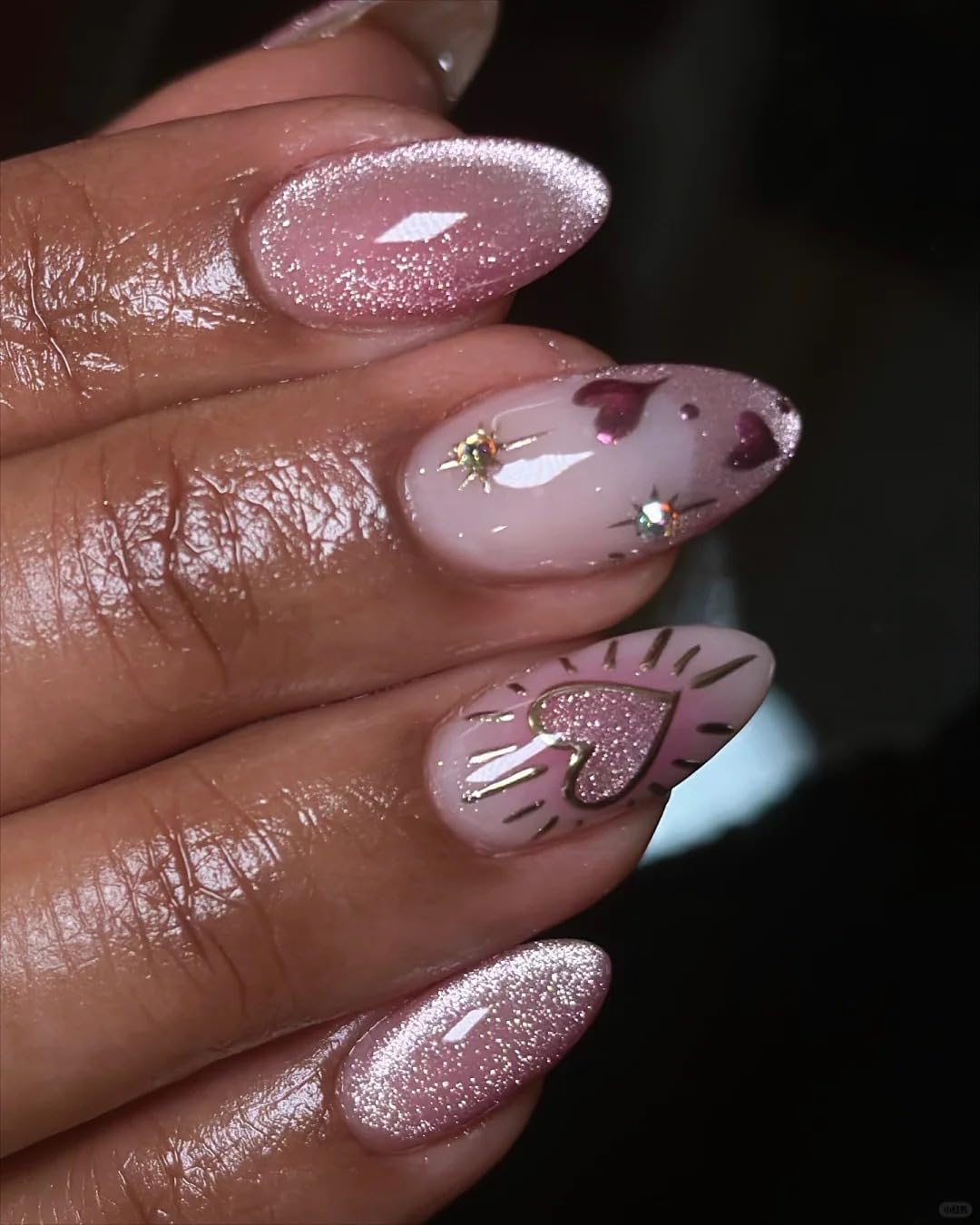 Handmade Glitter Cat Eye Press on Nails Medium Short Almond, Gel Fake Nails Short with UV Coating, Reusable Glue on Nails for Women Daily Wear, Nude Sparkle 10 Pcs (MT-114, M)