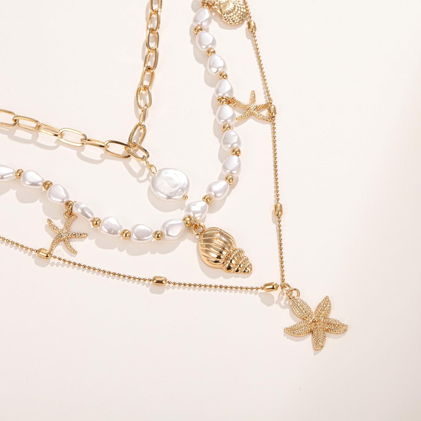 Seashell Starfish Necklace for Women Conch Shell Summer Pearl Beach 14k Gold Layered Dainty Sea Choker