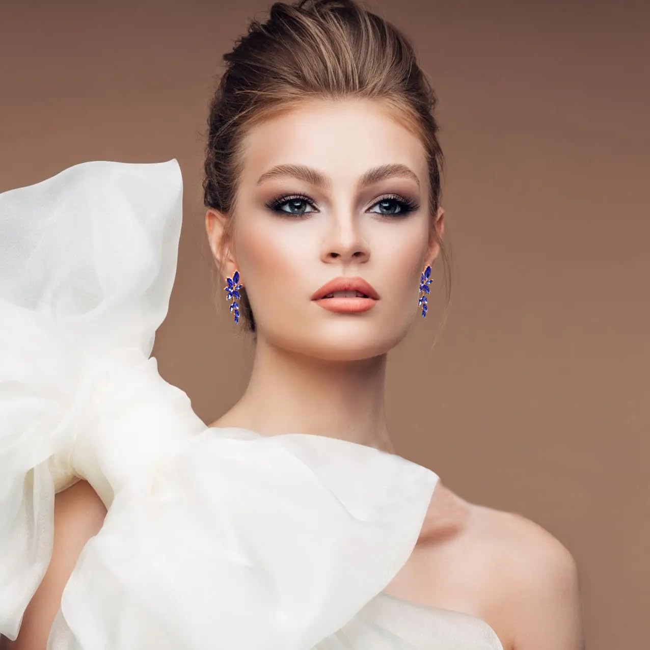ATIMIGO Elegant Royal Blue Rhinestone Dangle Earrings Cluster Crystal Wedding Bridal Earrings for Brides Bridemaids Formal Prom Statement Drop Earrings for Women