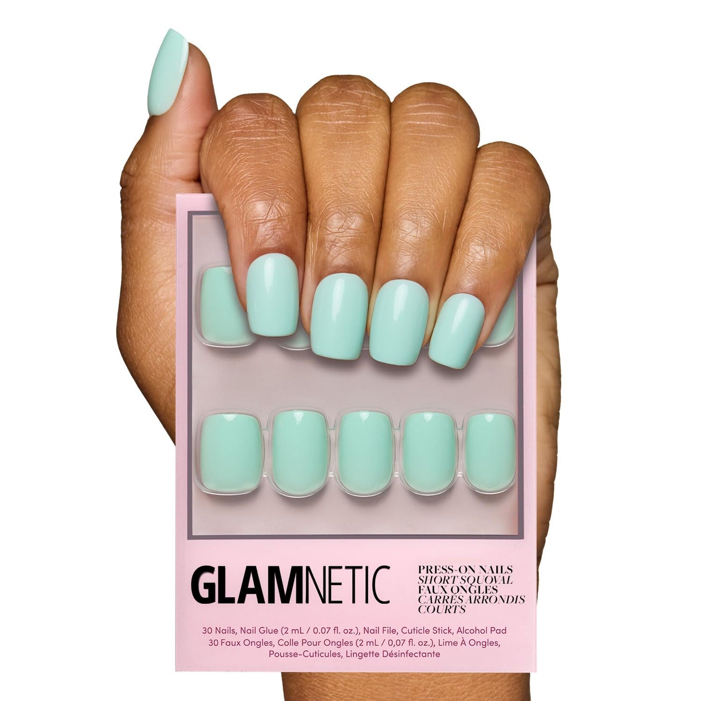 Glamnetic Press On Nails - Soft Teal | Short Squoval Light Blue Fake Nails with Glossy Finish, Salon Quality | 15 Sizes - 30 Nail Kit with Glue