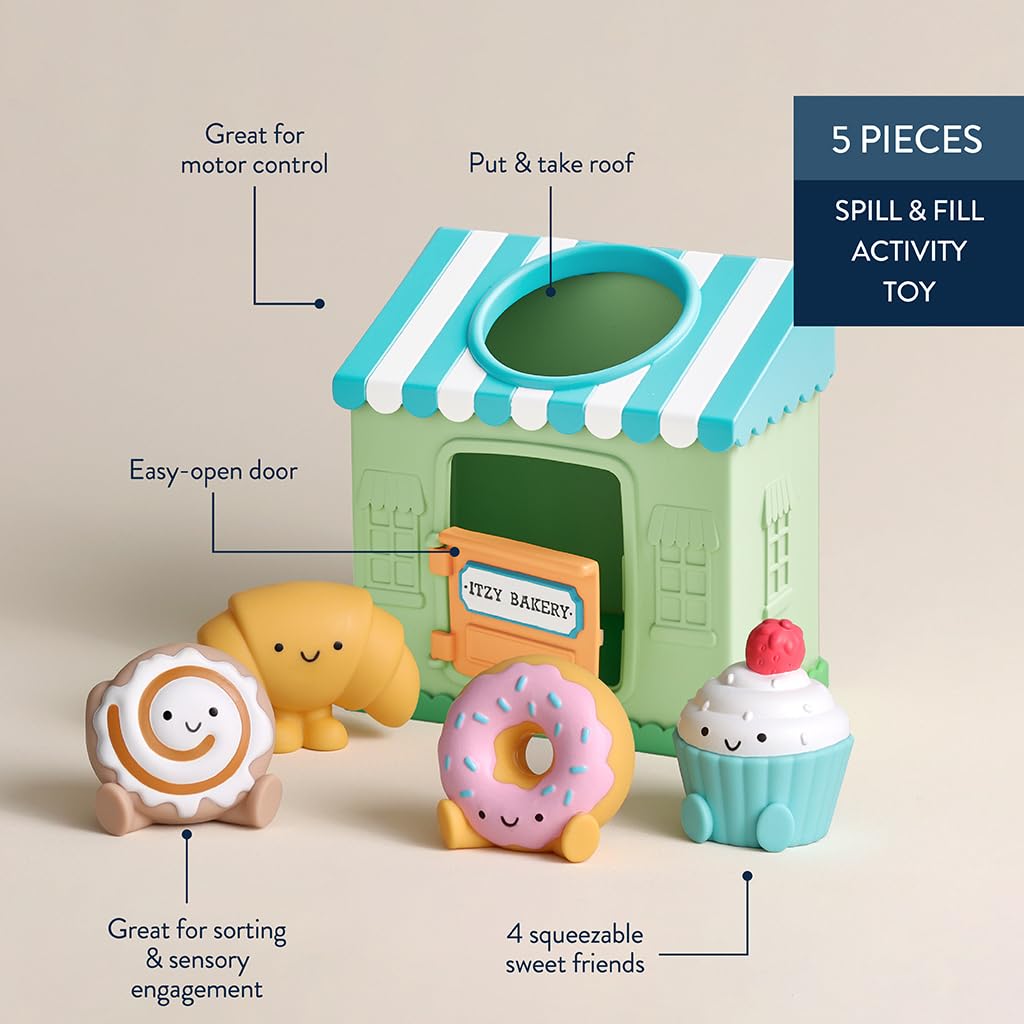 Itzy Ritzy Put & Take Activity Toy – Spill & Fill Includes 4 Squeezable Pieces for Infants & Toddlers – Great for Sorting, Imaginative Play & Sensory Engagement (Bakery)