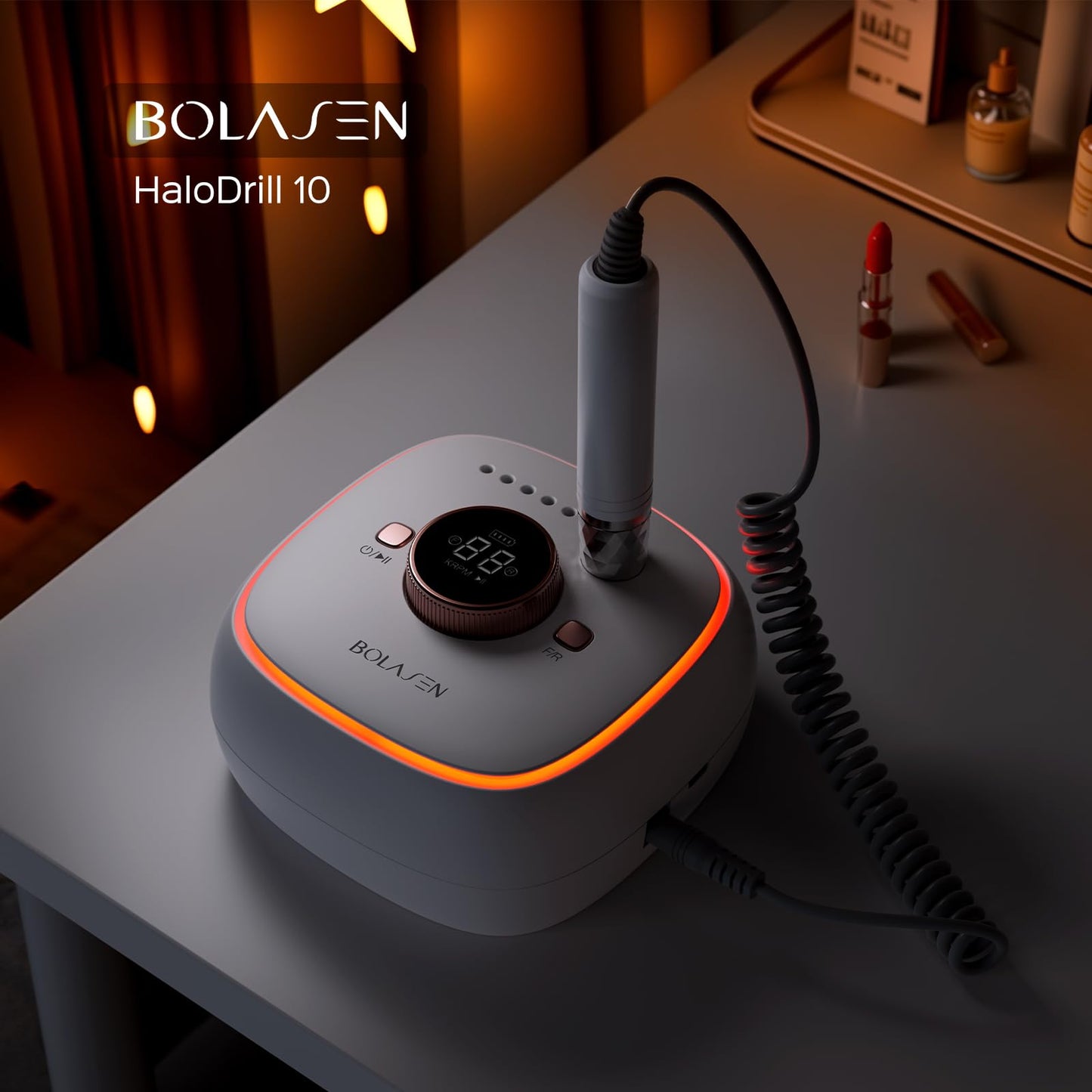 Professional Cordless Nail Drill 40000RPM Brushless - 7800mAh Rechargeable Electric Nail File for Acrylic Gel Nails, Fast Removal, Auto Start-Stop, Salon Use - BOLASEN HaloDrill 10