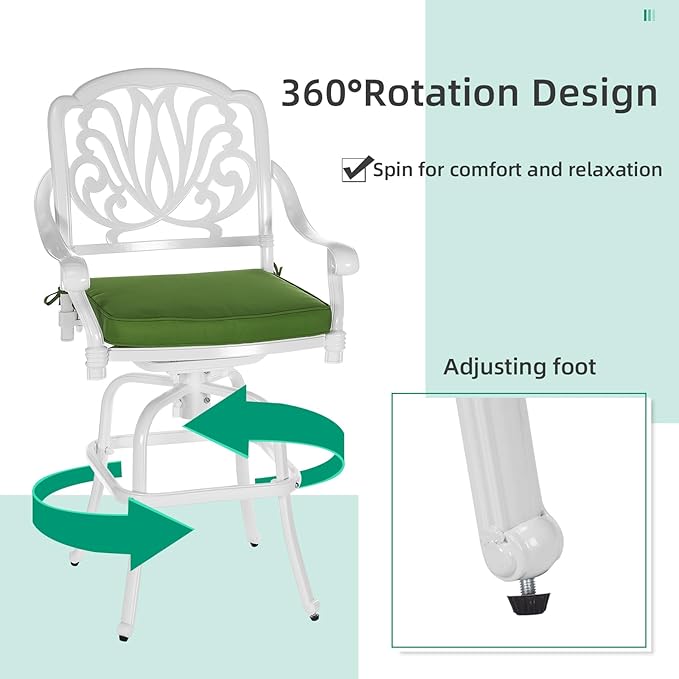 VIVIJASON 5-Piece Patio Swivel Bar Stools Set, All Weather Cast Aluminum Outdoor Bar Height Bistro Set with 4 Cushioned Bar Chairs & 35.4" High Bar Table w/Umbrella Hole for Backyard, Lawn, White