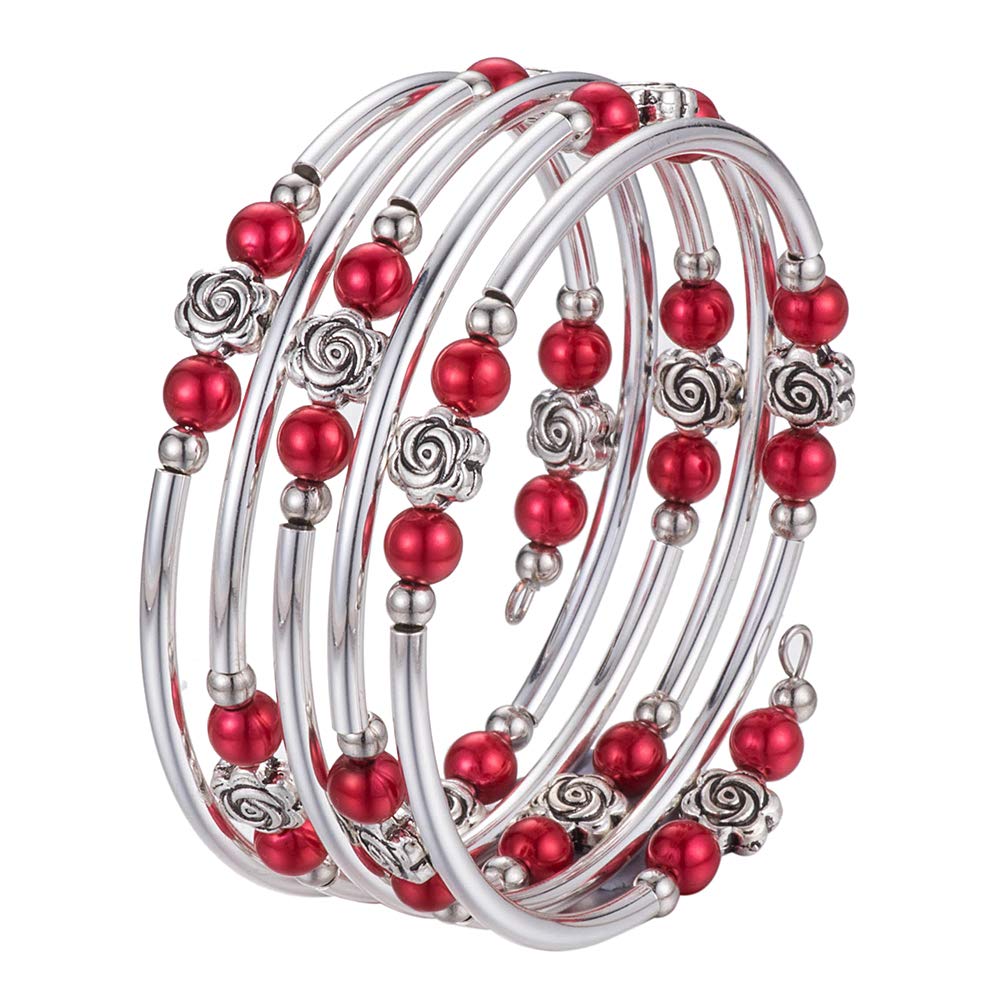 BULINLIN Wrap Bangle Rose Bead Bracelet - Beaded Bracelet with Natural Agate Stone Gifts For Women(01-Red pearl)