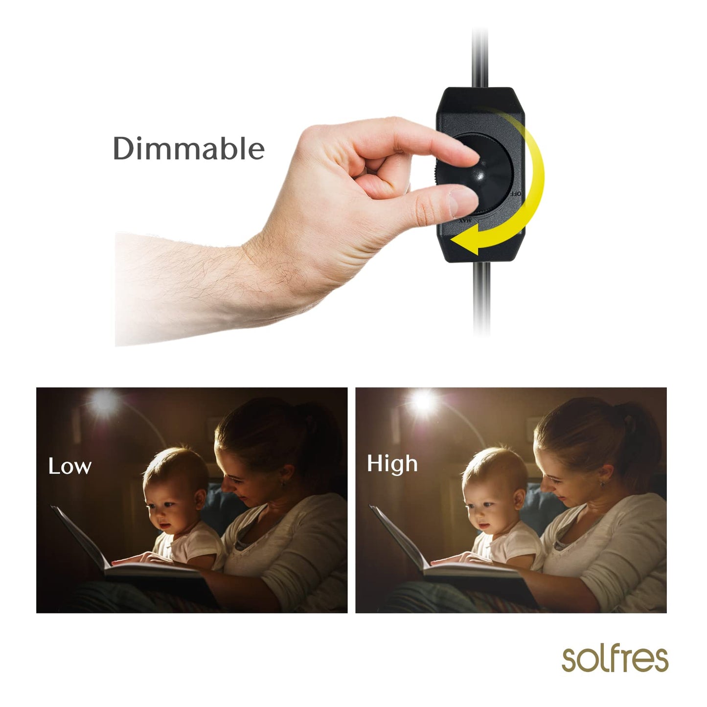 Solfres Patented Innovative Design Headboard Reading Light. No Drilling Golden Book Light for Bedtime Reading. Dimmable LED Book Reading Lamp with Bulb. Movable & Flexible, Black
