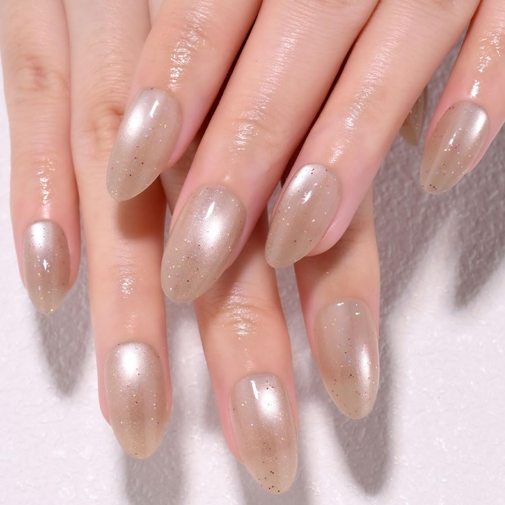 XZMeiLun Light Brown Press On Nails Short Oval Cute Shimmer Acrylic Fake Nails, Jelly Glossy Full Cover Glue on Nail For Reusable Fall Artificial Stick on Nails for Salon Quality Nail Women 24 Pcs