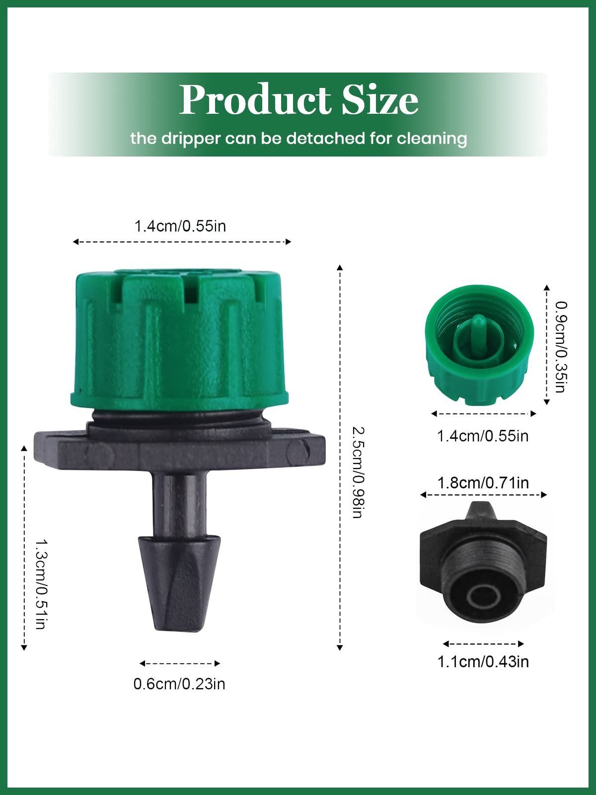 Kalolary 200Pcs Adjustable Irrigation Drippers, 1/4 Inch Barbed Drip Emitter 360 Degree Watering Sprinklers Anti-Clogging Drippers for 4mm/7mm Garden Watering System（Dark Green）