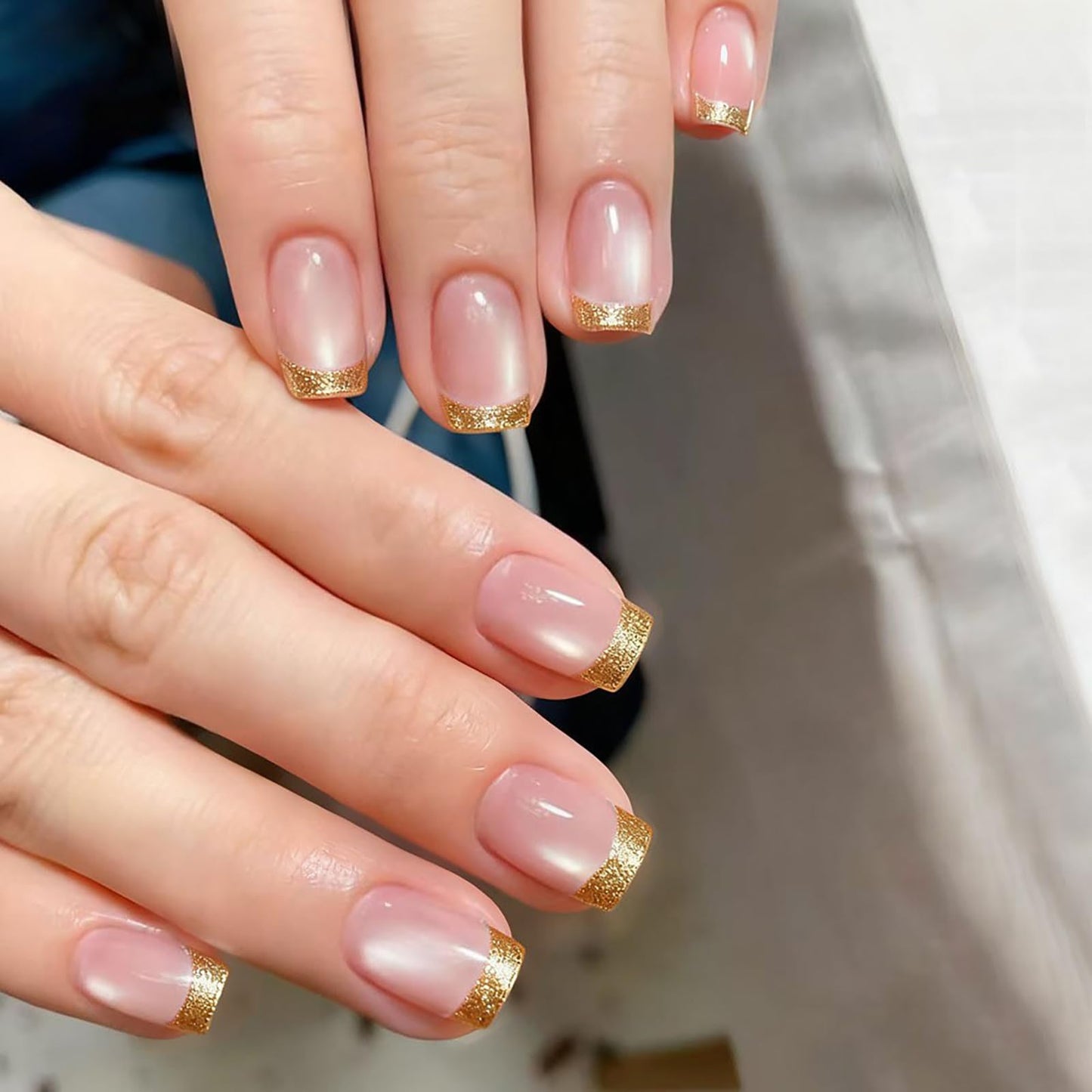 Medium Square Press on Nails Gold French Tip Fake Nails Nude Pink Cat Eye Press ons Acrylic False Artificial Full Cover Stick on Nails for Women Girls 24 Pcs