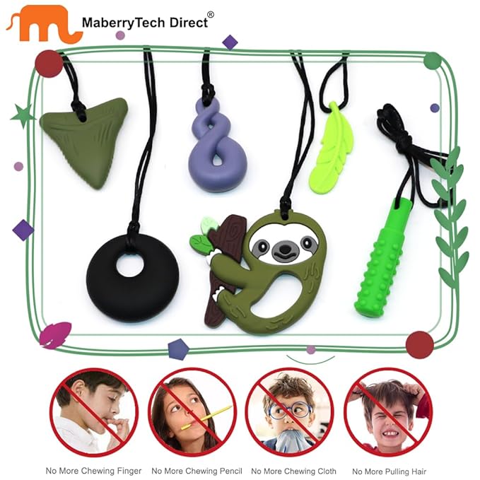 Sensory Chew Necklace for Kids Boys Girls, 4 Pack Silicone Chew Toys for Kids with ADHD Autism, Anxiety, Chewy Necklace Sensory Toys Reduce Adult Chewing Fidgeting (Green Sloth)