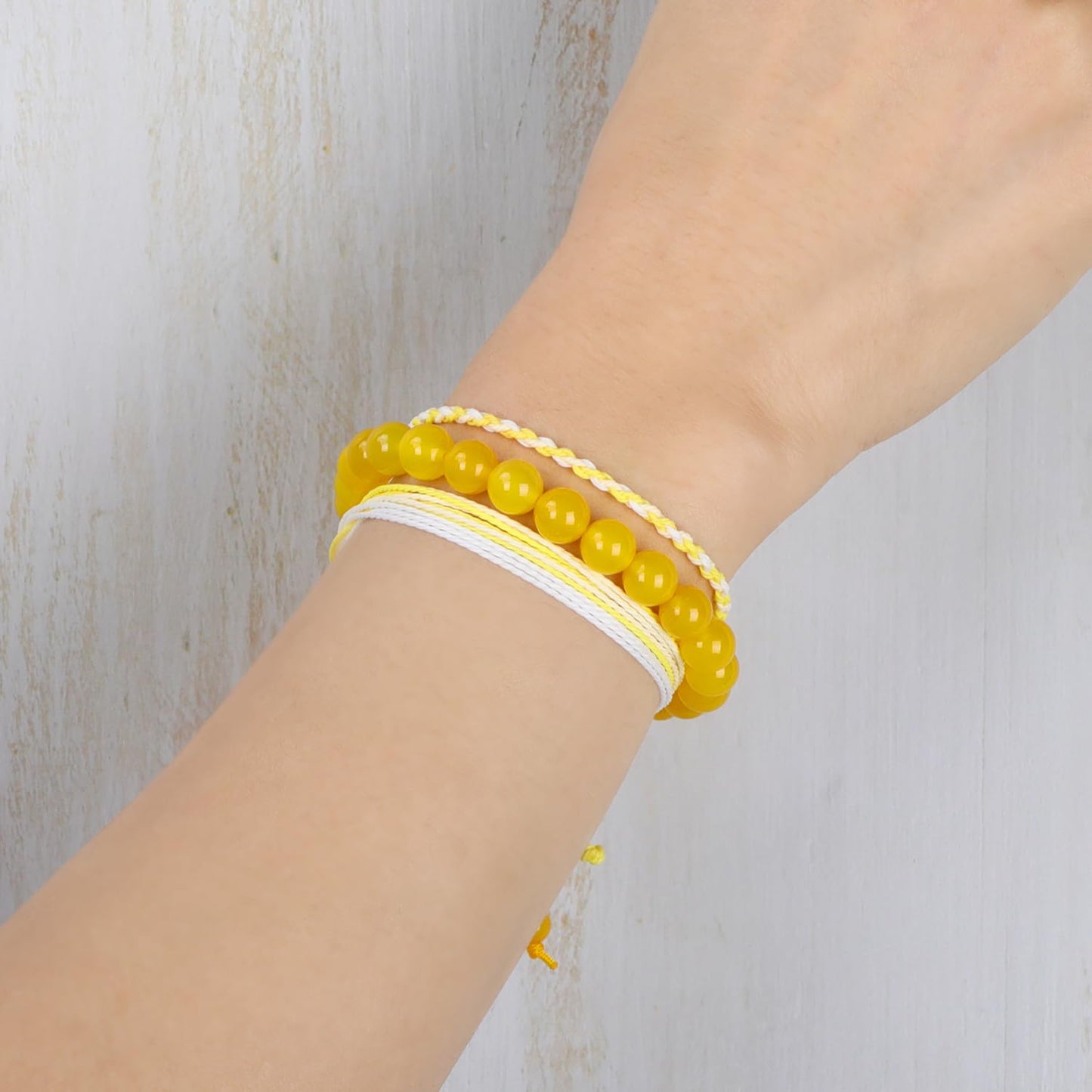 QOGIR Handmade Healing Bracelets,8mm Natural Yellow Agate Gem Stone Beads Bracelet for Men Women Gifts with 2PCS Size Adjustable Rope Bracelets