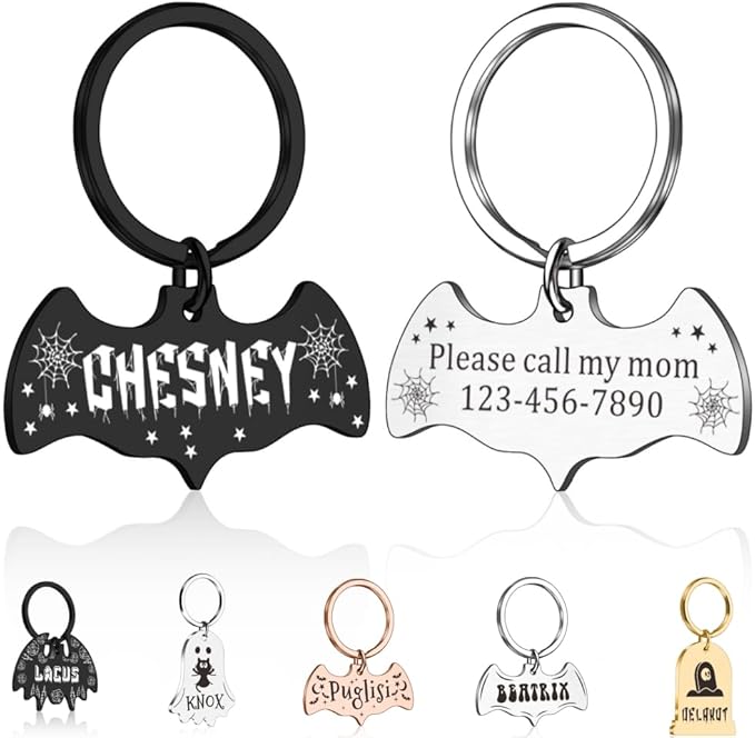 Bat Dog Tag, Halloween Personalized Dog Tags for Pets, Customized Pet ID Tag for Black Cat, Witch Friendly Cat Tags, Funny Spooky Dog Name Tag, Stainless Steel Dog ID Tag Engraved on Both Sides