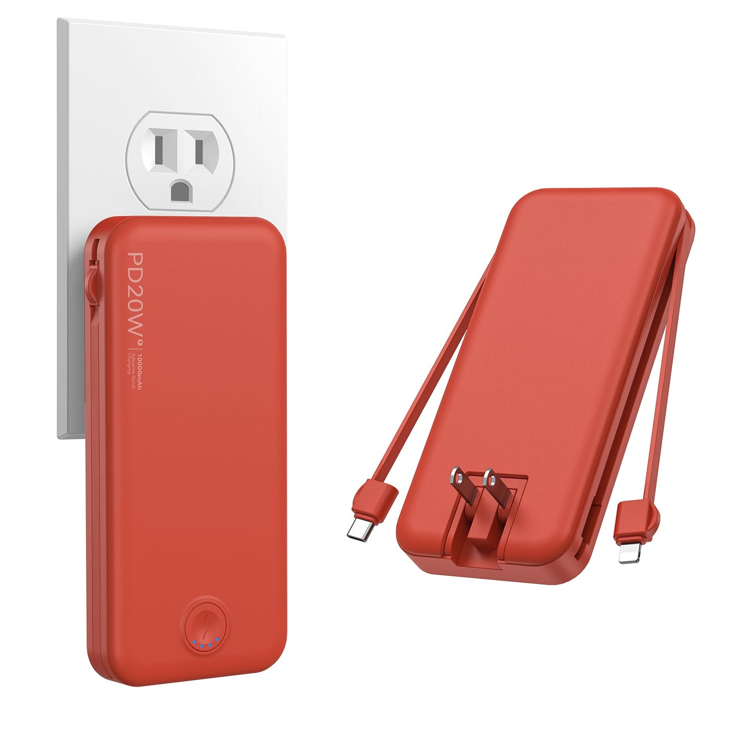 Nusyddy Portable Charger, 10000mAh PD20W Fast Charging Power Bank with Built-in Cables & Wall Plug, Travel Essentials External Battery Pack, USB C Battery Phone Charger for iPhone, iPad, Samsung Red
