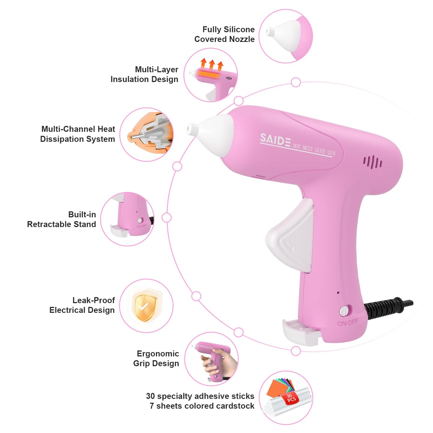 Hot Glue Gun Kit, Anti-Scald Nozzle, Fast Heating Mini Melt Gun with 30pcs Glue Sticks for Crafting, DIY, Art, Home Quick Repairs(Pink)