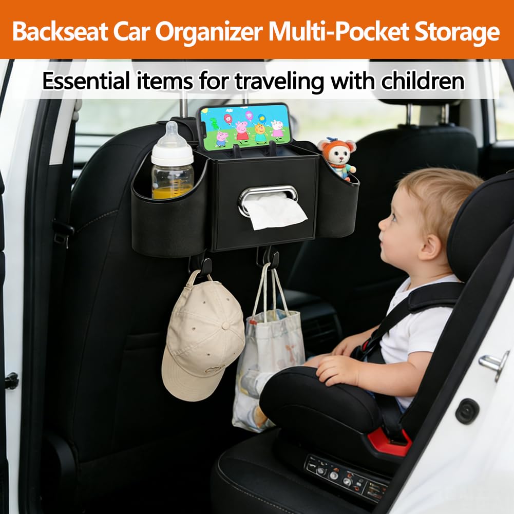 SEILETOO Back Seat Car Organizer with Car Seat Storage Hanging Bag, 4 in 1 Multifunctional Car Seat Back Storage Box, Car Organizer Back Seat with Tray, Hold Phone,Snacks, Drinks, Handbag