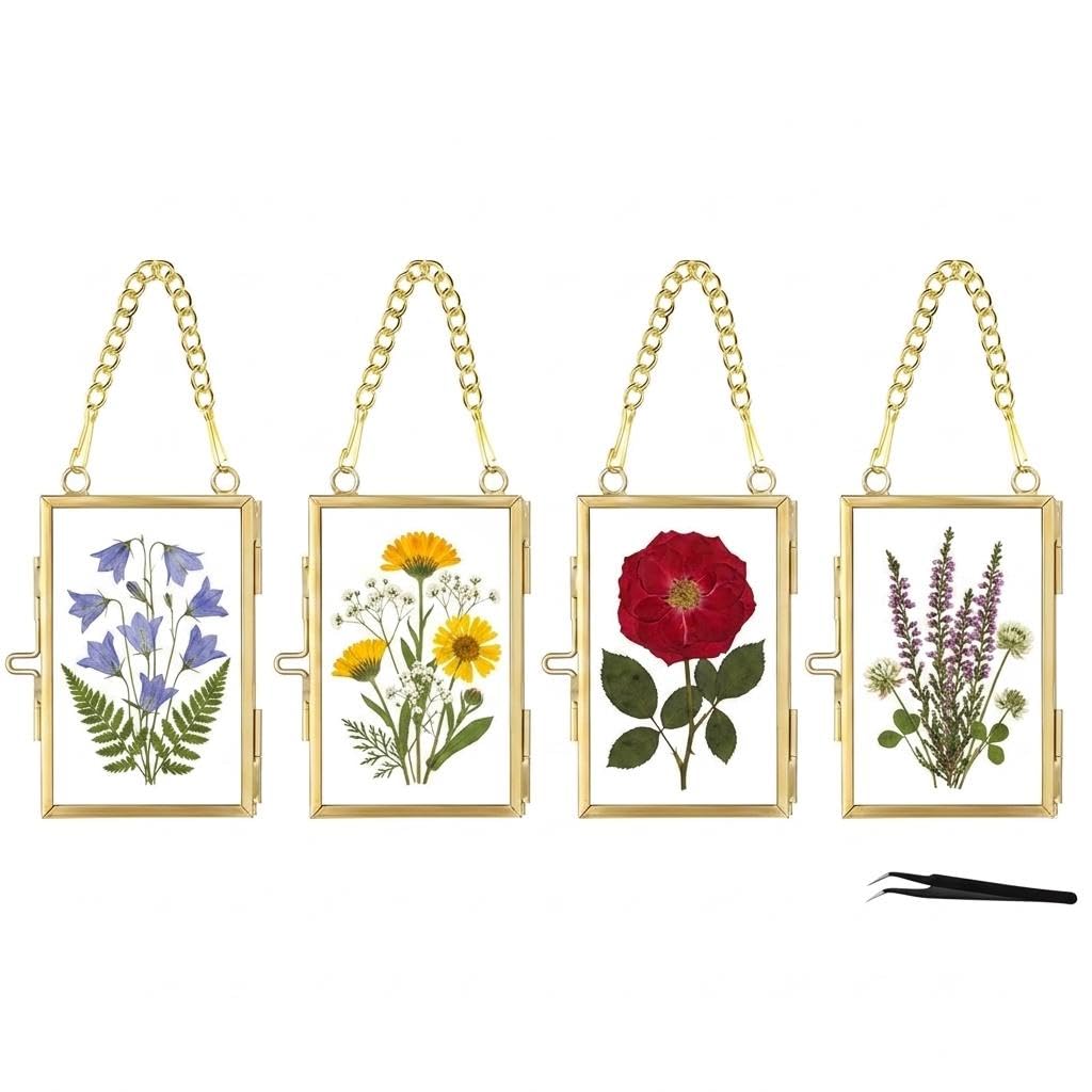WHYTOOPY Pressed Flower Frames with Tweezers,Wall Hanging Double Glass Frames 2x3 with Metal Chain for Dried Flowers Plants,Floating Photo Frame for Display Gallery Artwork,Golden, 4 Pack