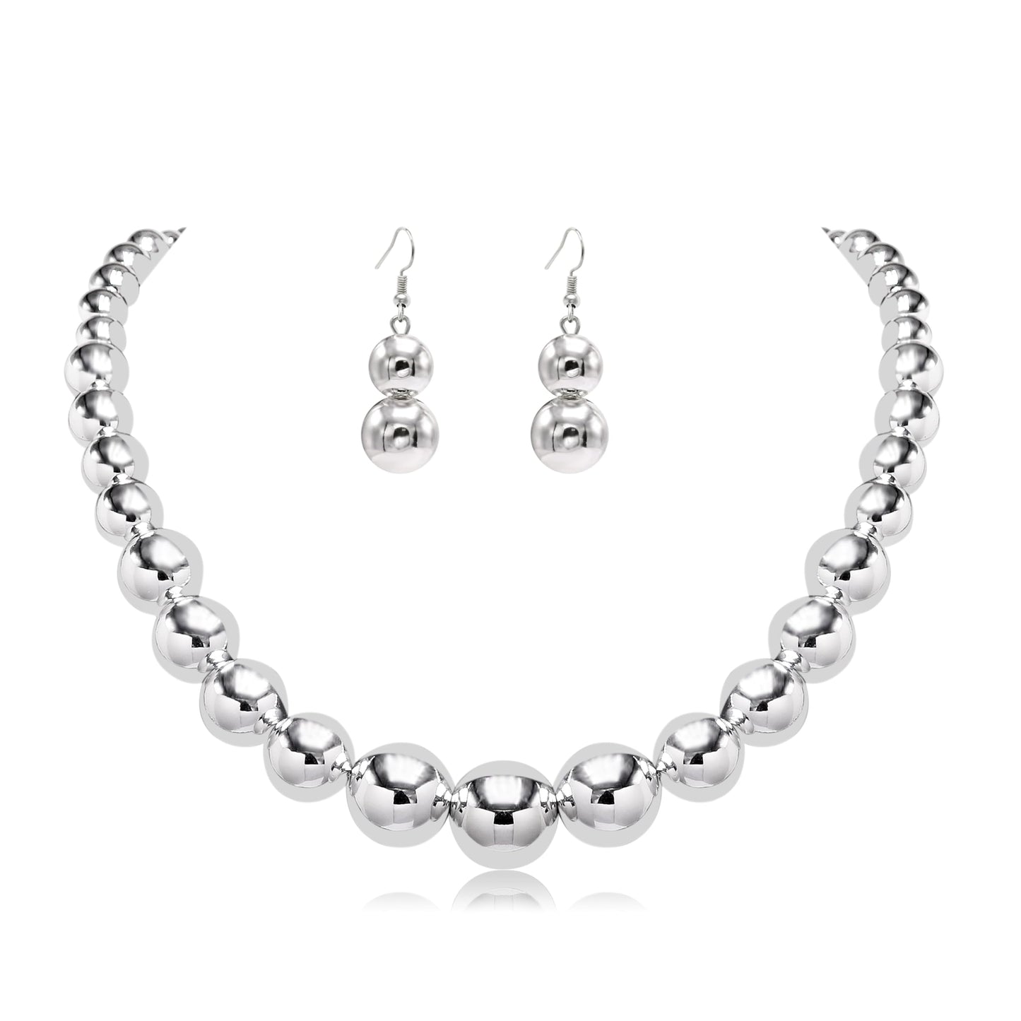 Cryshimmer Silver Bead Choker Necklace for Women Handmade Big Beaded Ball Necklace Earring Set Costume Jewelry (Silver Plated)