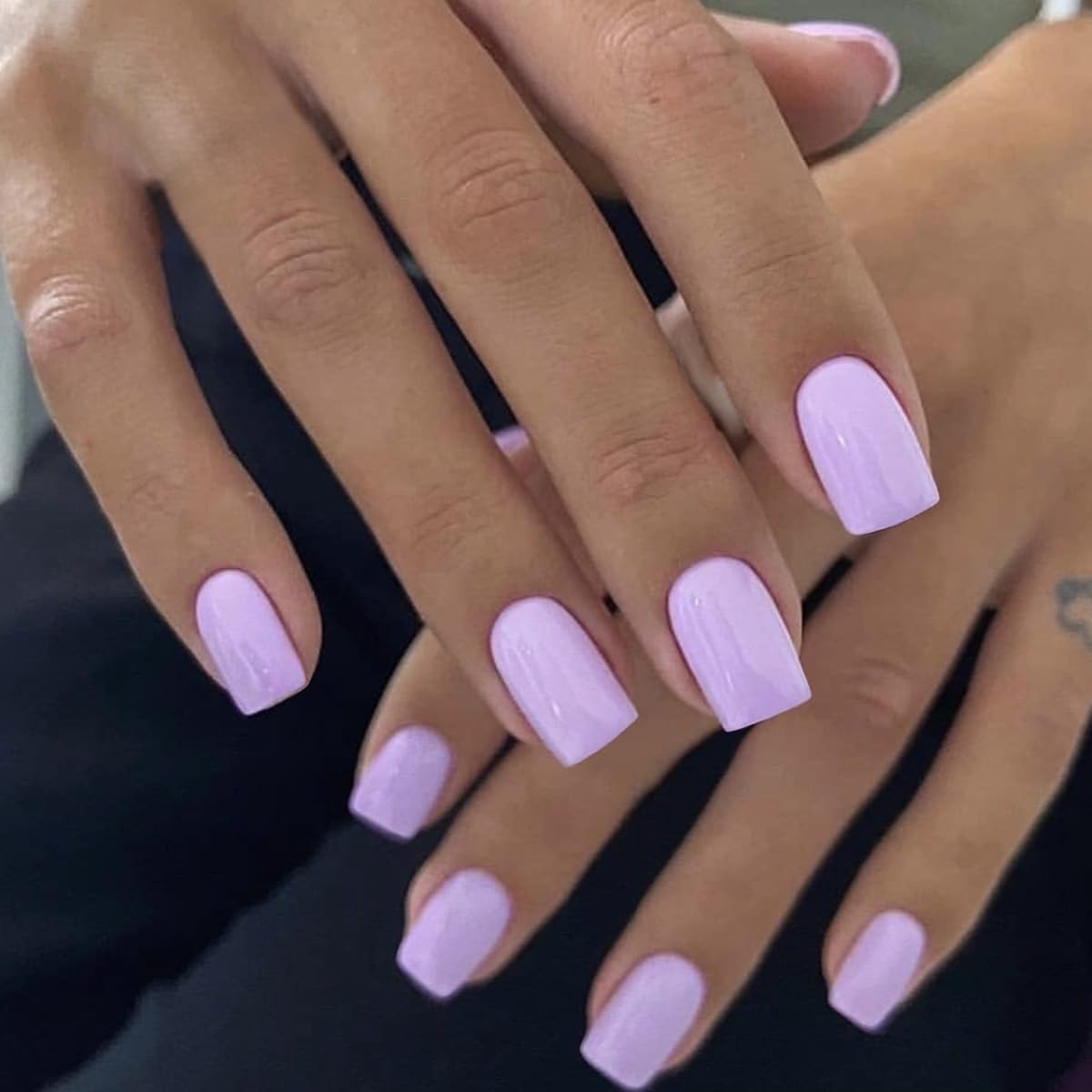 Light Purple Press on Nails Short Medium Square Glue on Nails Set,KQueenest Solid Color Fake Nails Short Coffin Acrylic Nails Press on Gel Nails for Women Reusable False Press-on in 24 Pcs