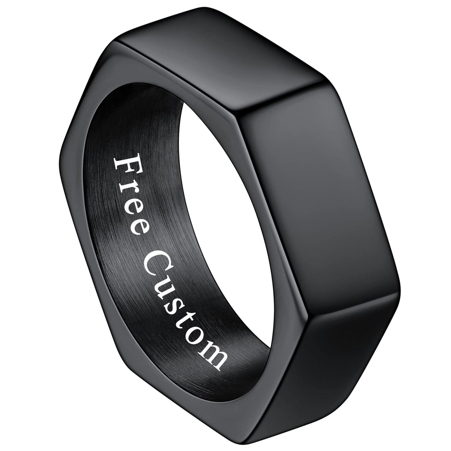 ChainsHouse Personalized Engravable Stainless Steel Black Hexagon Geometric Biker Ring Bands, Size 13