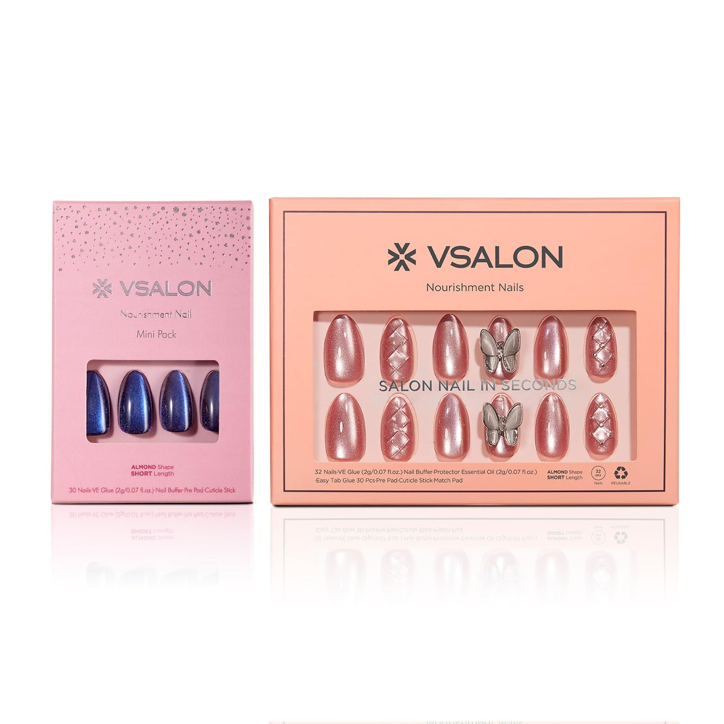 Press on Nails - Short Almond Pink Cat Eye Butterfly Nails & Blue Cat Eye - 2 Reusable Nails Kit (Nourishment Nails & Mini Pack) - 16 Sizes
