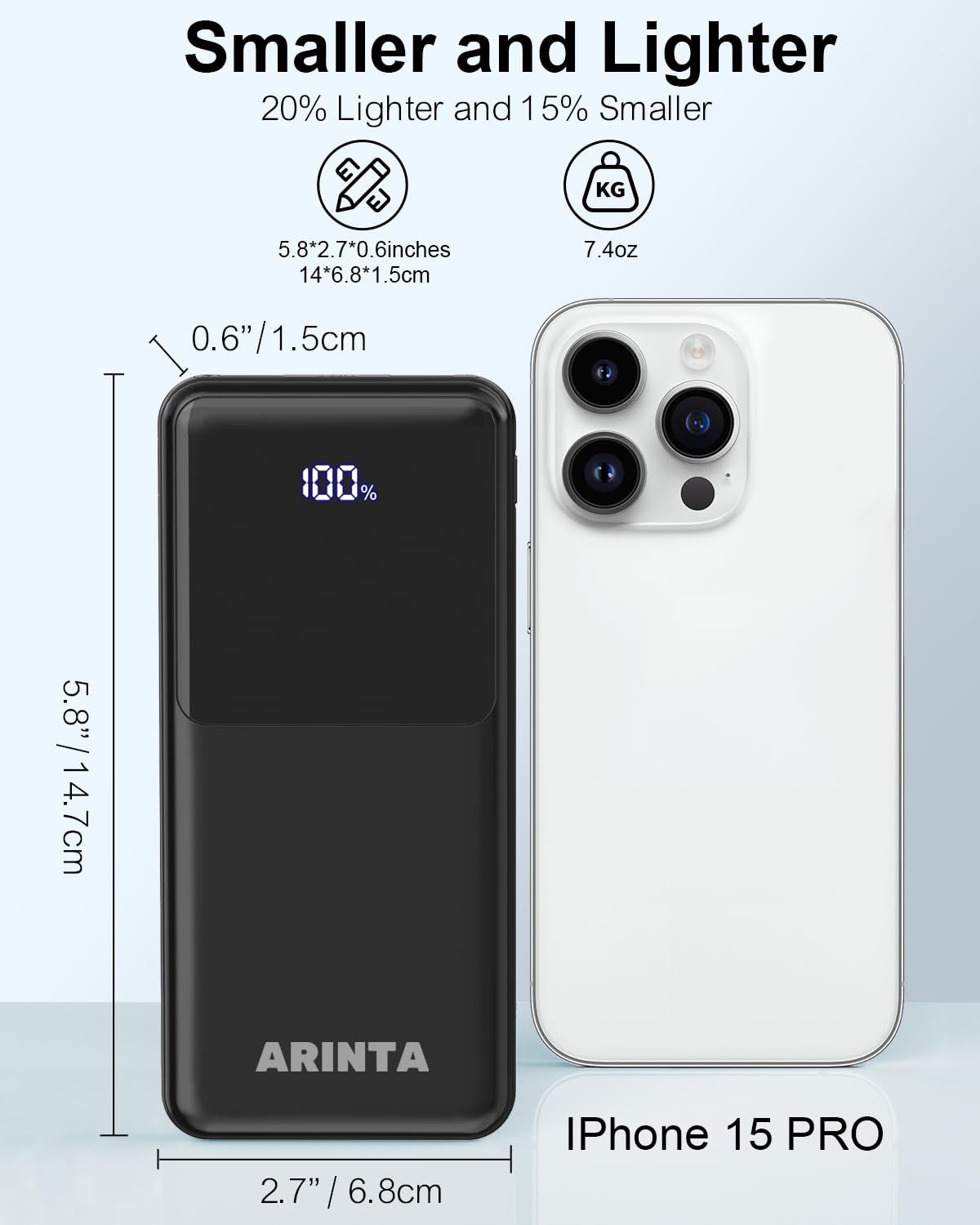 ARINTA Power Bank Portable Charger 10000mAh PD 22.5W Battery Pack, LED Display & USB-C in/Out, Travel Essentials, Compatible for Smartphones, Tablets & More (Black)