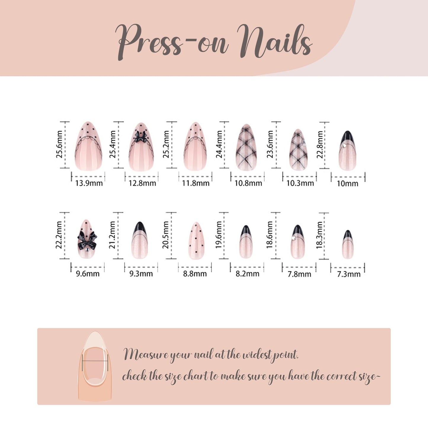 BABALAL Press On Nails, Medium Almond Fake Nails, Black French Tip, Cat Eye Bling Design With Bow Plaid Design, Y2k Kawaii Polka Dot Glue On Nails 24Pcs