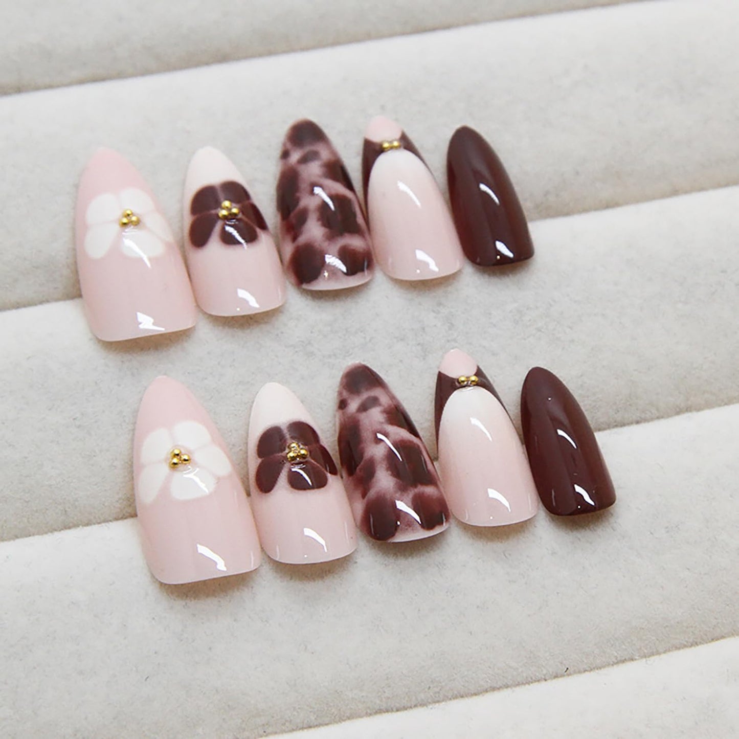 Leopard Press on Medium Length Flower French False Nails - Dark Brown Coffin Full Cover Artificial Acrylic Almond Stick on DIY Glossy Glue on for Women - Manicure Kit 24Pcs