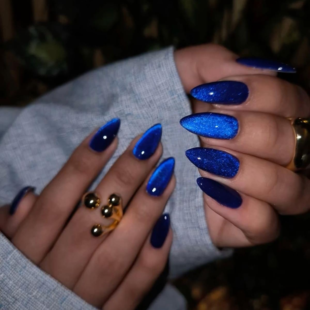 KQueenest Royal Blue Glitter Press on Nails Medium Almond, Iridescent Shimmer Acrylic Fake Nails with Salon UV Finish, Sparkling Gel Nails Press ons, Glossy Flash Glue on Nails for Manicure 24 Pcs