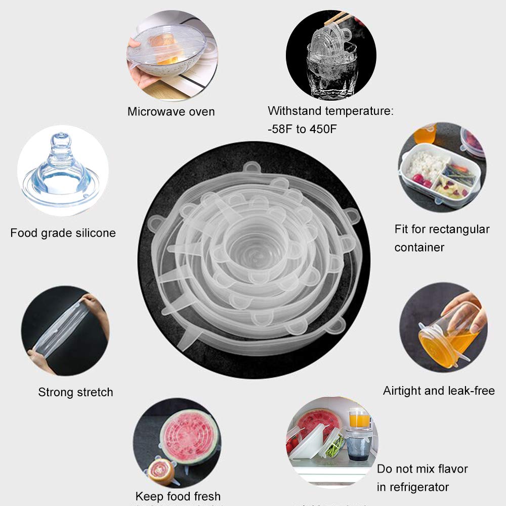 Longzon Silicone Stretch Lids 14 Pack Include 2Pcs Size up to 9.8'' Diameter,Reusable Durable Food Storage Covers for Bowl,7 Different Sizes to Meet 2.6"-9.8''Dia Containers,Dishwasher & Freezer Safe