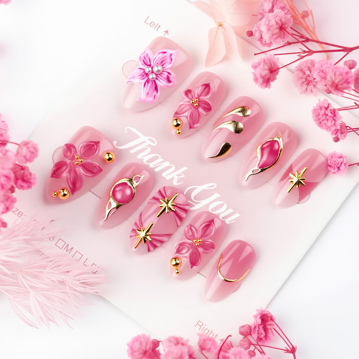 30Pcs Red Flower Press on Nails Medium Almond Fake Nails with 3D Star Rhinestones Design Gilding False Nails Pink Full Cover Artificial Glue on Nails Handmade Spring Stick on Nails for Women Manicure