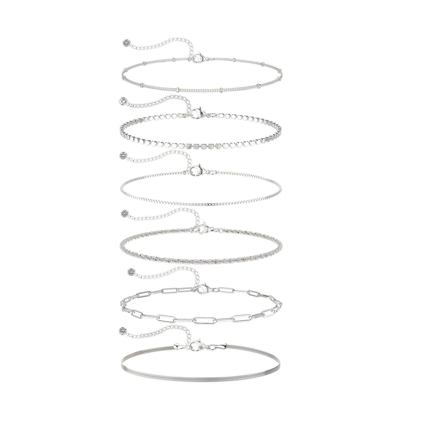 DEARMAY Silver Chain Bracelets for Women, Waterproof Silver Plated Jewelry Set Fashion Stackable Beaded Figaro Herringbone Link Bracelet Trendy Pack Stack Gifts for Women