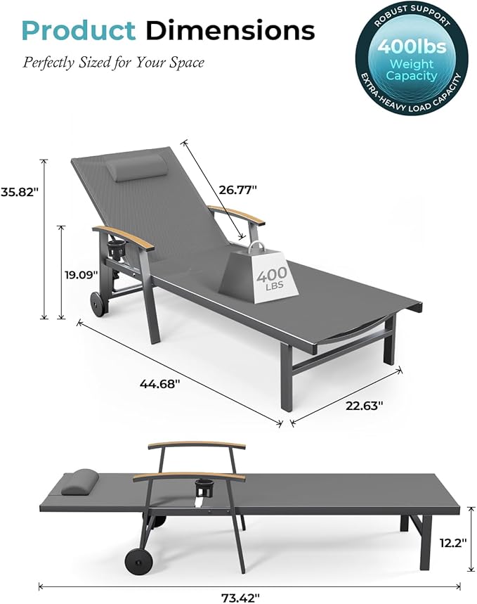 Ciokea Outdoor Lounge Chair with Pillow, 5-Position Aluminum Chaise Lounge with Wheels & Armrests, 400 lbs Heavy Duty Patio Pool Chair for Deck, Backyard, Beach & Poolside, Grey