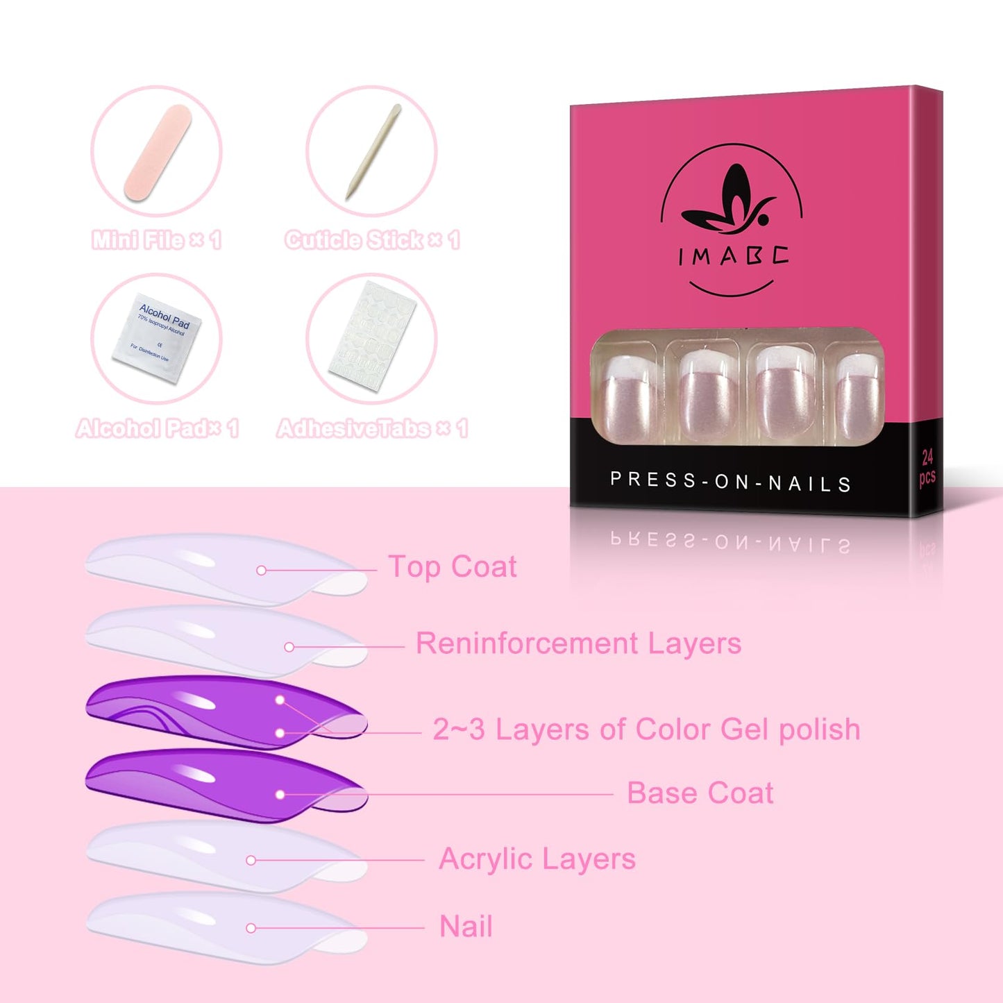 iMABC False Nails Short French Fake Nail Kit Set Thin Gel Acrylic Press On Nail Tips Full Cover Rose White Finger Art Tips for Women and Girls