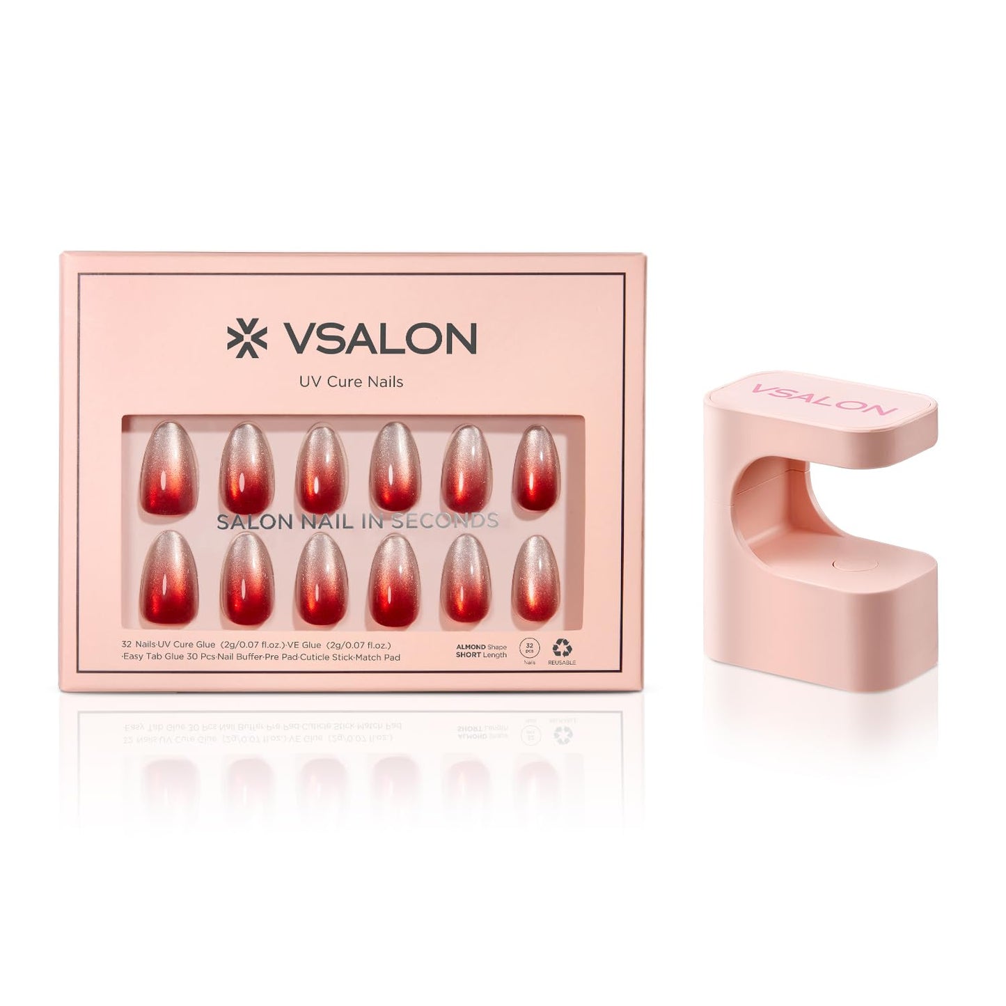 VSALON Press-On Nails Short Almond Red Ombre Cat Eye Fake Nails, 32 PCS in 16 Sizes, Reusable Nail Kit with Long-Lasting UV Glue, Adhesive Tabs & Nail Glue & Nail Lamp