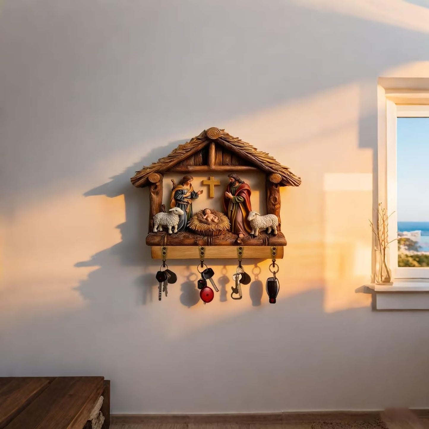 Wall-Mounted Nativity Scene Key Holder, 2D Holy Family and Baby Jesus Manger Wall Hooks (4 Hooks), Religious Christian Home Decor Key Rack Organizer for Entryway, Christmas Religious Gifts