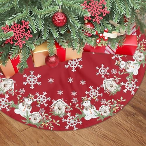 Winter Snowman Red Christmas Tree Skirt 48 Inch Xmas White Snowflake Tree Skirt Winter Snowman Christmas Tree Mat for Xmas Farmhouse Home Party Holiday Indoor Outdoor Decorations