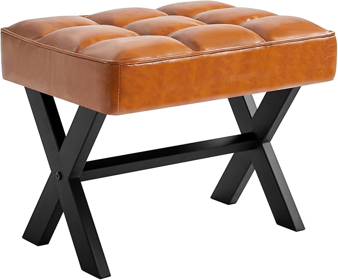 IBUYKE Small 12" H Footrest Stool, Square PU Foot Stool with Metal X-Leg, Multi-Use as Small Side Table, Step Stool for Living Room, Bedroom, Entryway, Office, Light Brown WBD012J