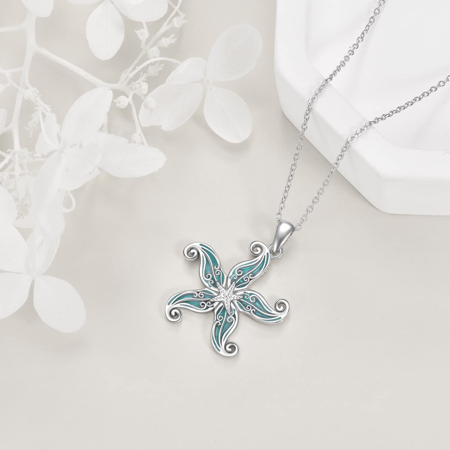 CRMAD Beach Starfish Necklace Sterling Silver Teardrop Ocean Jewelry for Women (starfish)