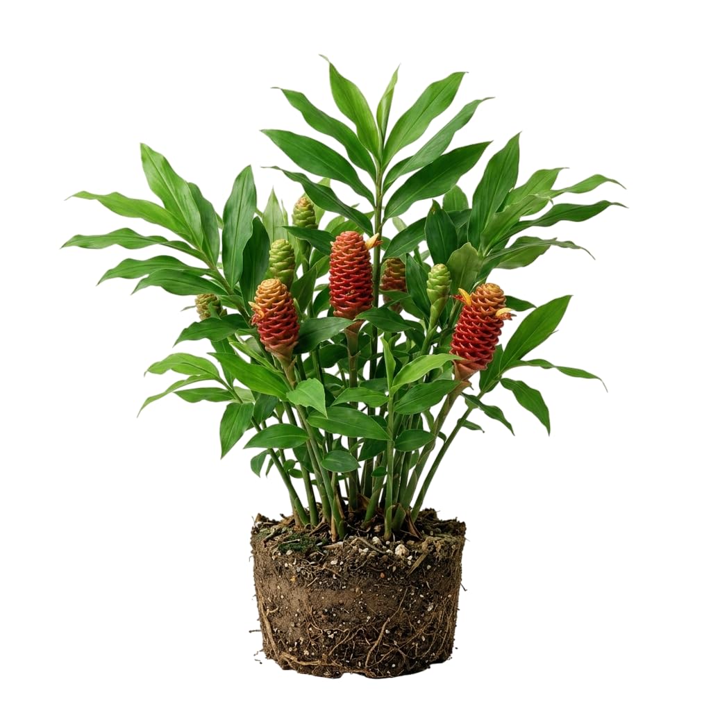 Live Ginger Shampoo Plant Hawaiian Shampoo Ginger Awapuhi Zingiber Zerumbet Red Lily Gingers Roots with Stems, 5-8 Inch Tall